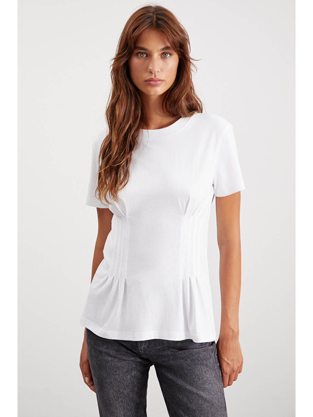 Beyaz JESSIA Kadın Korse Detaylı %100 Organik Pamuk Bisiklet Yaka BEYAZ T-Shirt-1