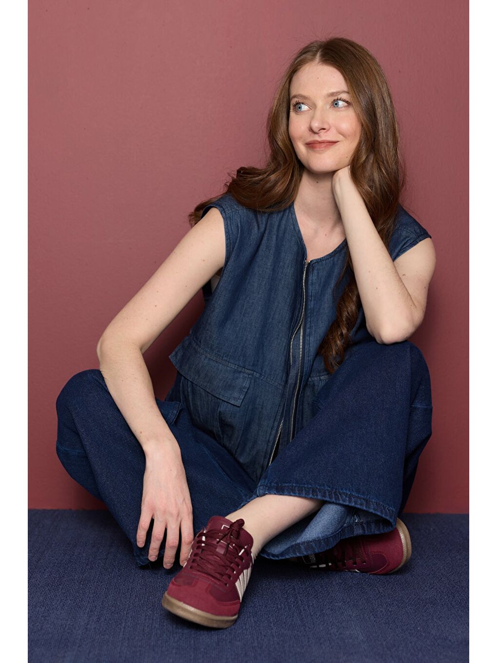 Lacivert Fermuarlı Pileli Cepli Jean Yelek-2