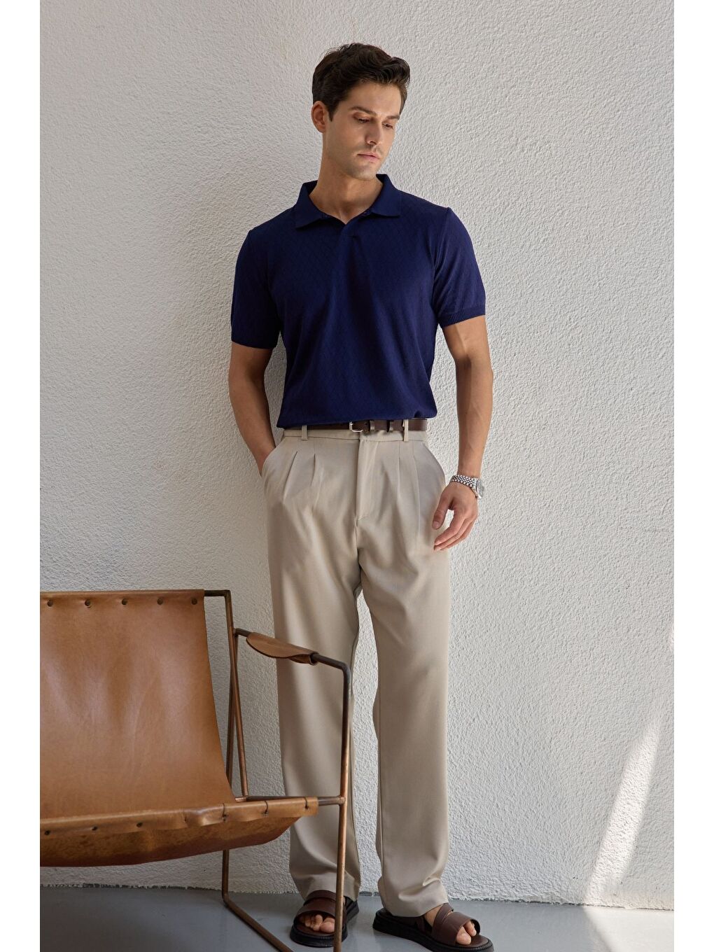 Lacivert Onor Erkek Kendinden Desenli Polo Yaka Triko Tişört Geniş Kalıp Hafif Doku-3