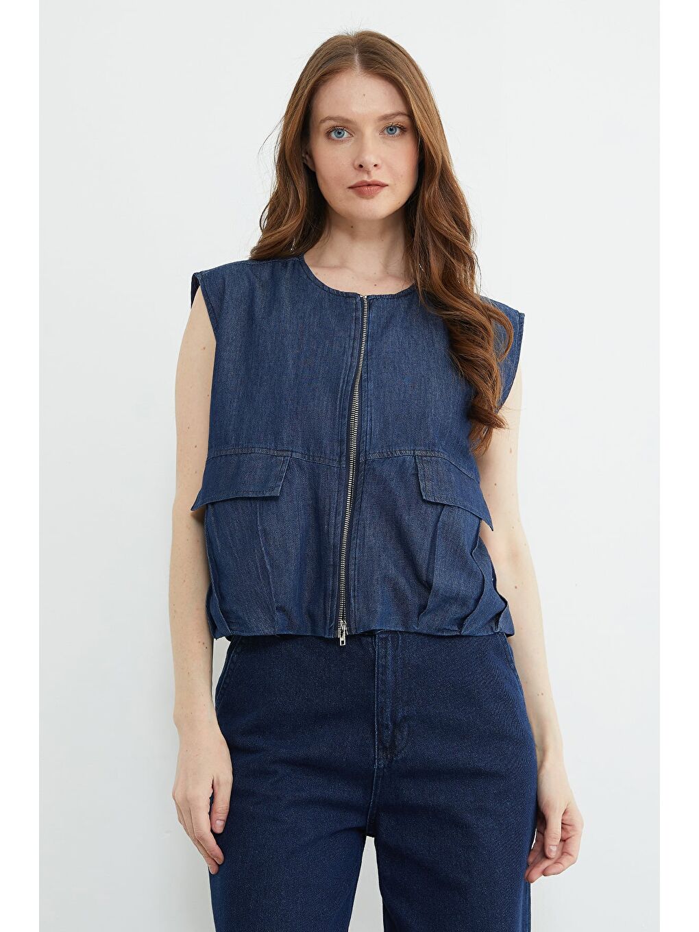 Lacivert Fermuarlı Pileli Cepli Jean Yelek-3