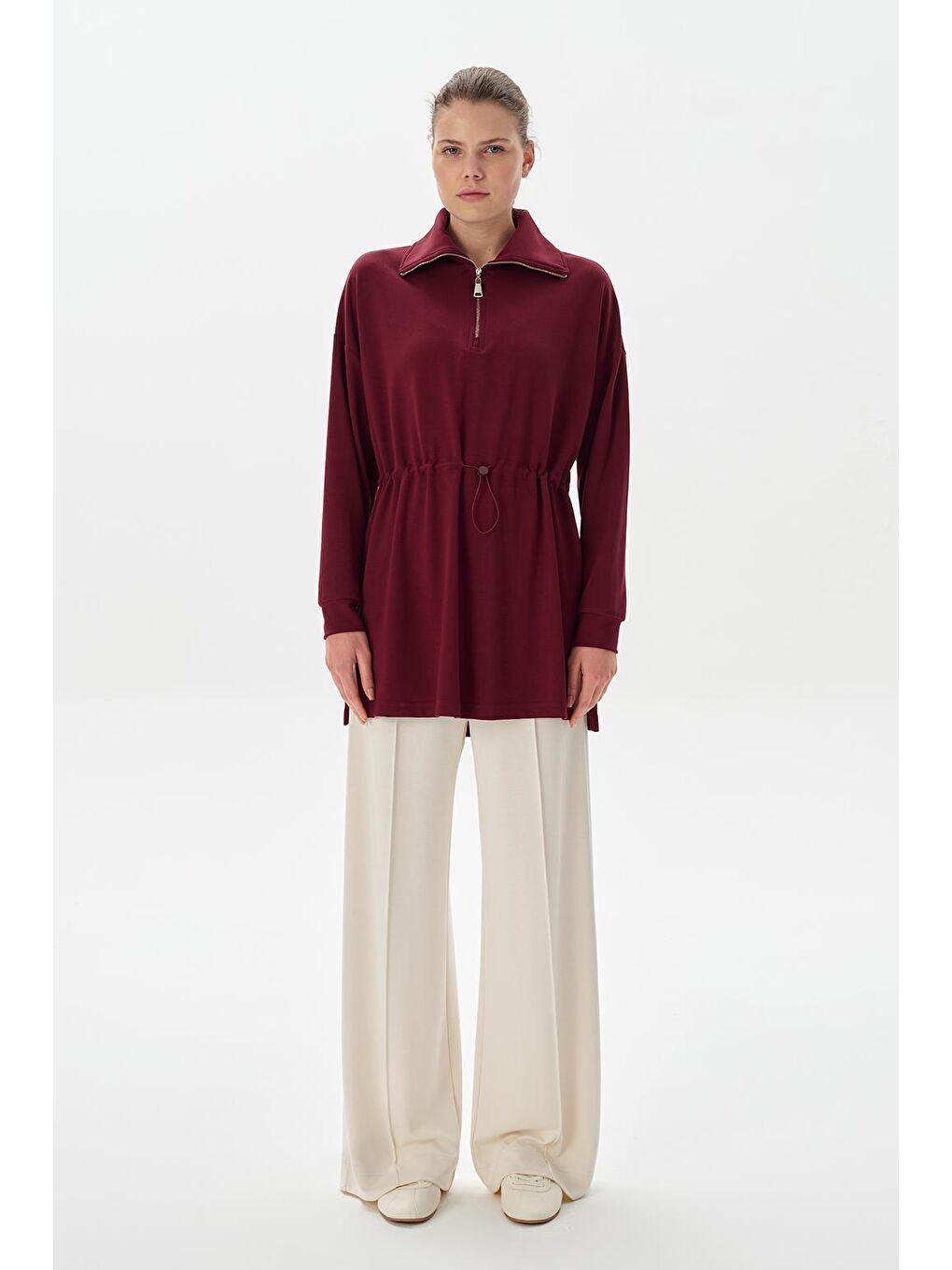 Modal Örme Fermuarlı Sweatshirt Bordo