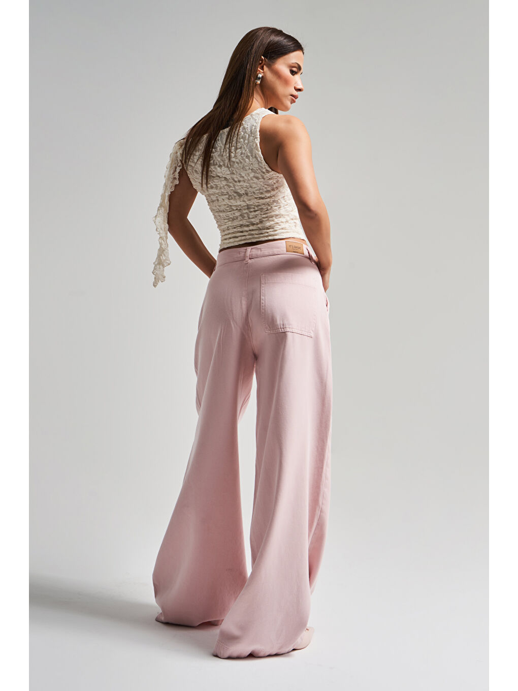 Kadın Pembe Renk 6s5 98 Palazzo Fit Bol Kesim Pileli  100 Pamuk Denim Jean-2