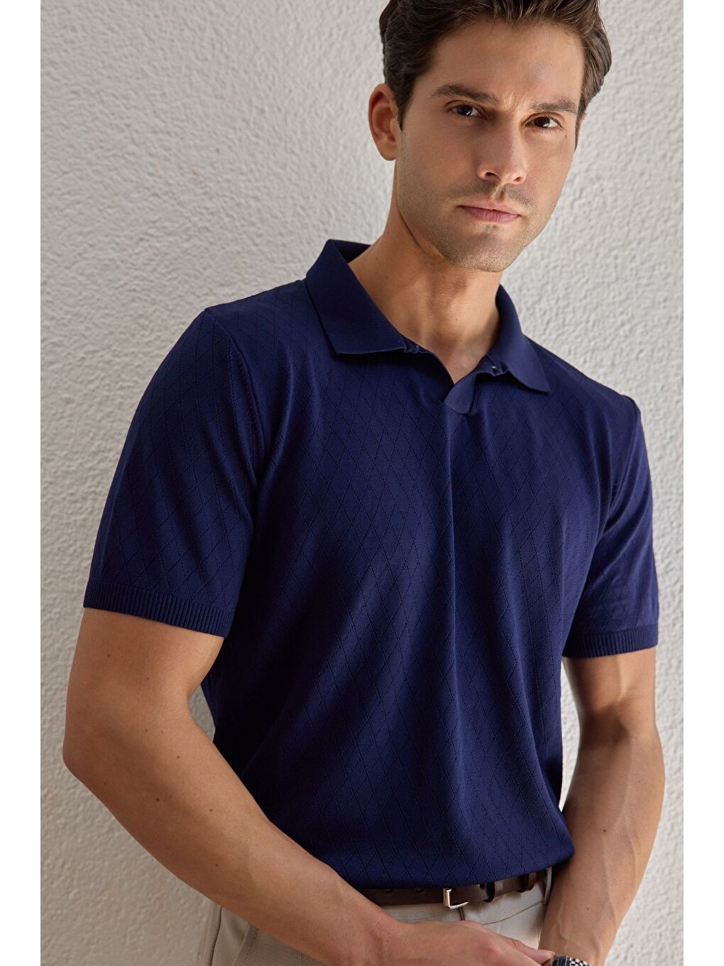 Lacivert Onor Erkek Kendinden Desenli Polo Yaka Triko Tişört Geniş Kalıp Hafif Doku-4