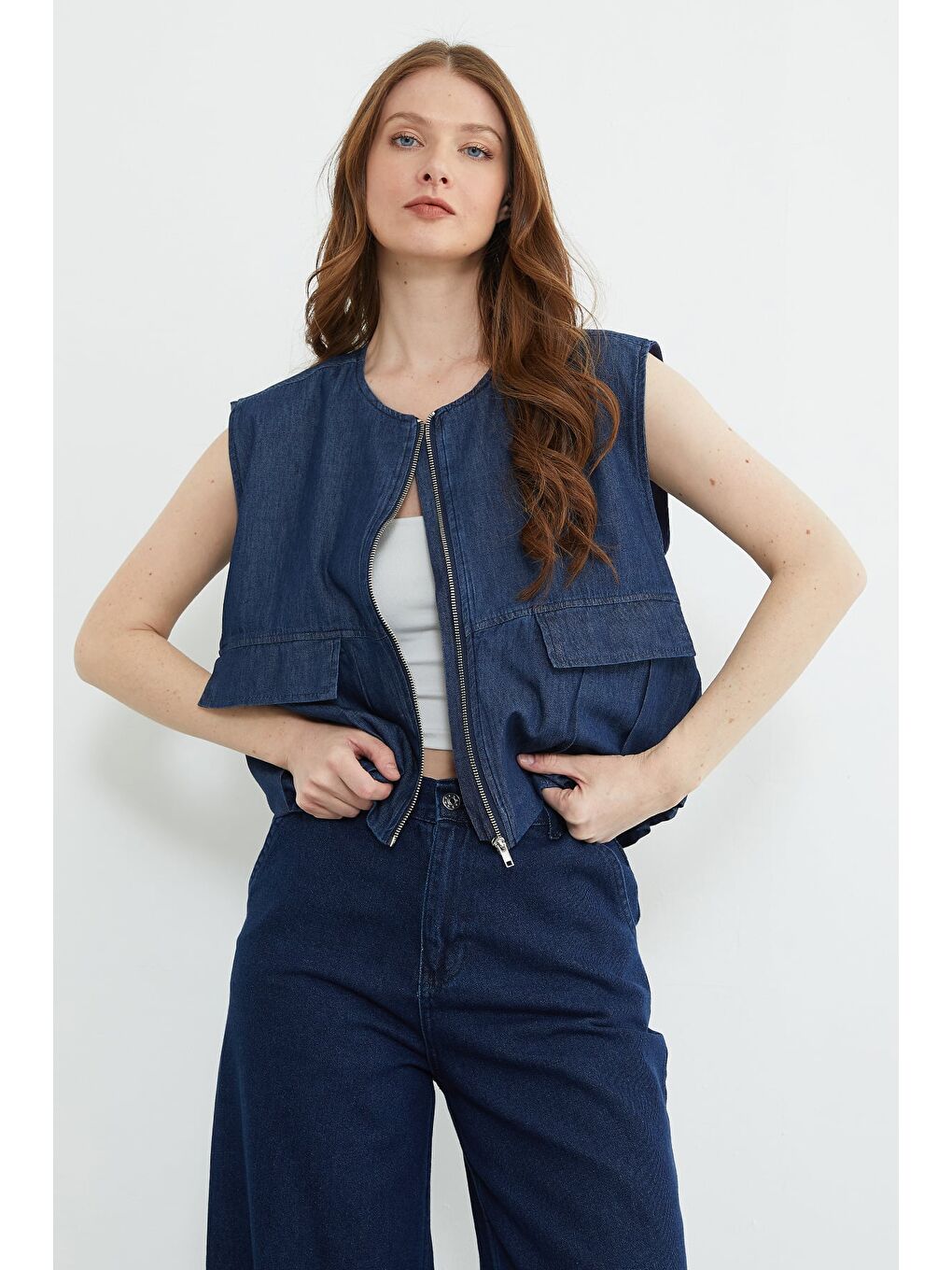 Lacivert Fermuarlı Pileli Cepli Jean Yelek-4