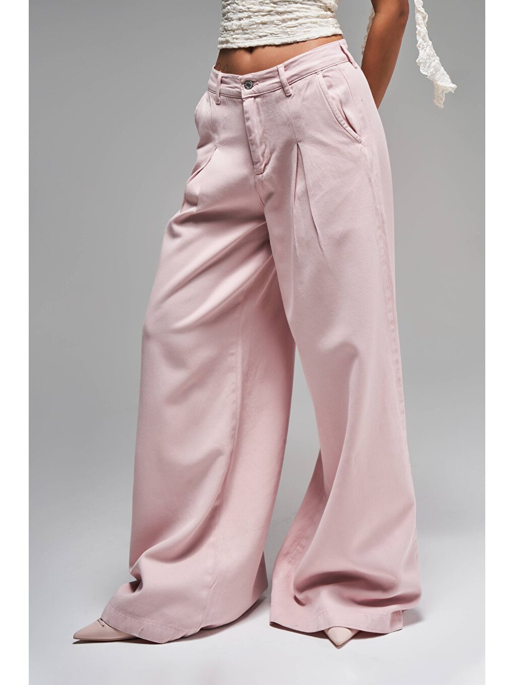 Kadın Pembe Renk 6s5 98 Palazzo Fit Bol Kesim Pileli  100 Pamuk Denim Jean-3