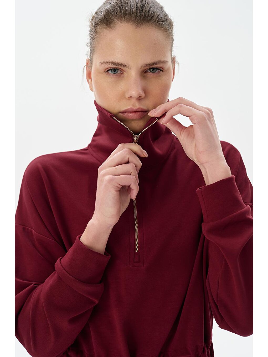 Modal Örme Fermuarlı Sweatshirt Bordo-4