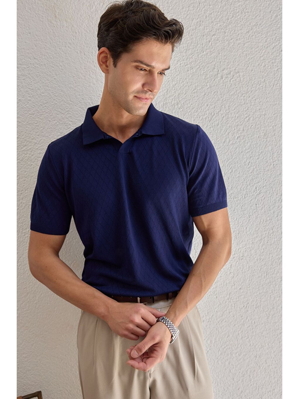 Lacivert Onor Erkek Kendinden Desenli Polo Yaka Triko Tişört Geniş Kalıp Hafif Doku-5