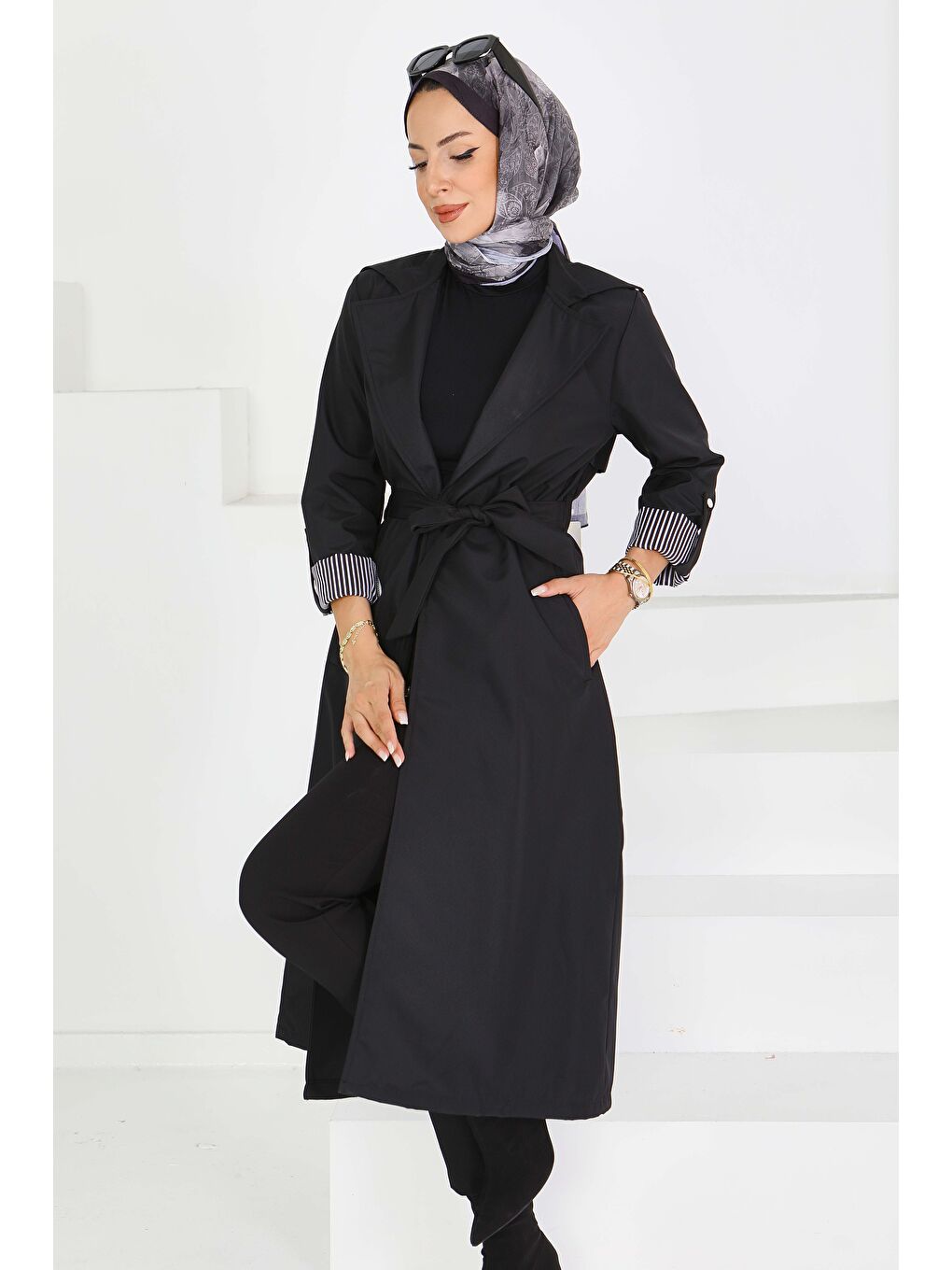 Çizgi Detaylı Miranda Trençkot Siyah - 27598-1