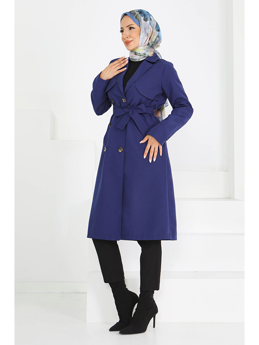 Düğmeli Kuşaklı Miranda Trençkot Lacivert - 27605-2