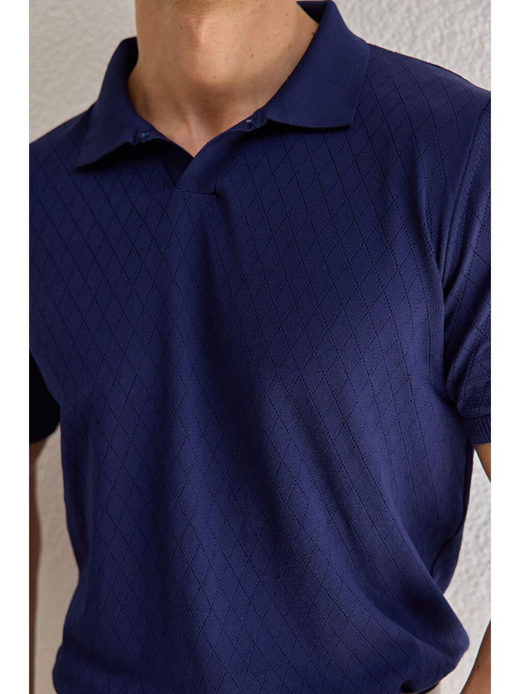 Lacivert Onor Erkek Kendinden Desenli Polo Yaka Triko Tişört Geniş Kalıp Hafif Doku-6