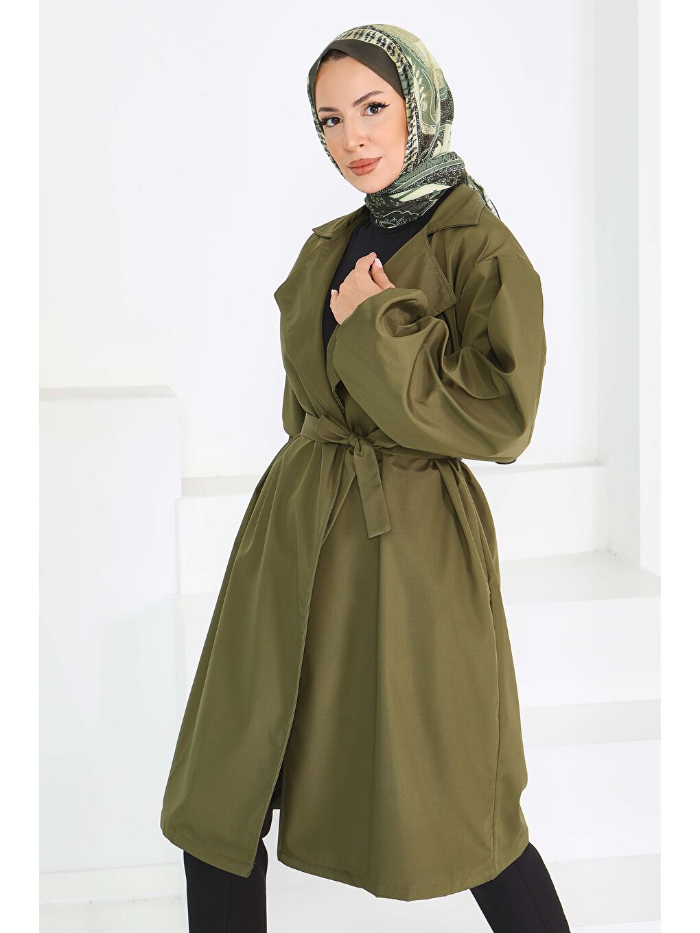 Kuşaklı Kolu Lastikli Miranda Trençkot Haki - 27603-1