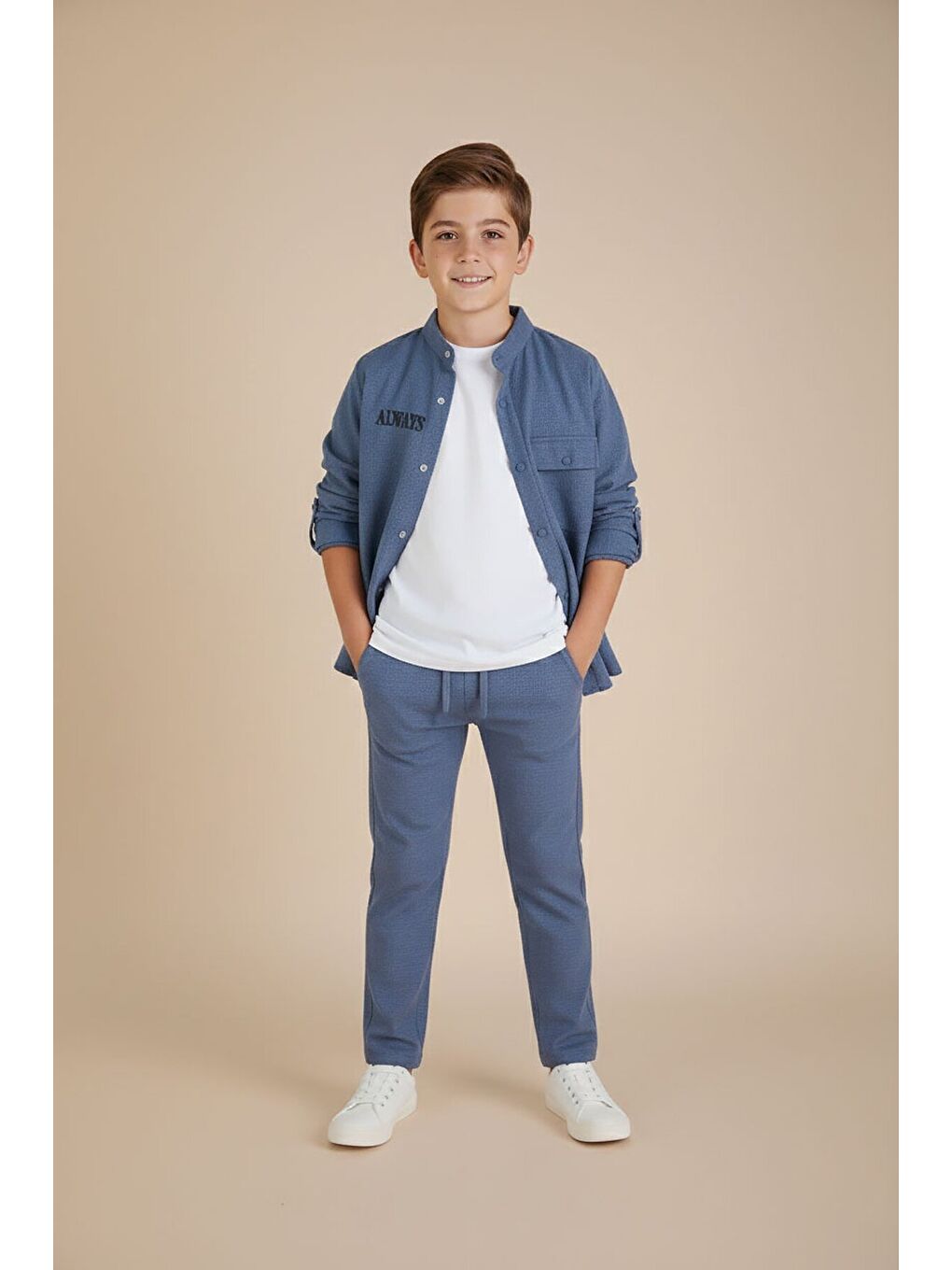 Mavi Keten Gömlekli Pantolonlu Erkek Çocuk 3lü Alt Üst Takım 23572