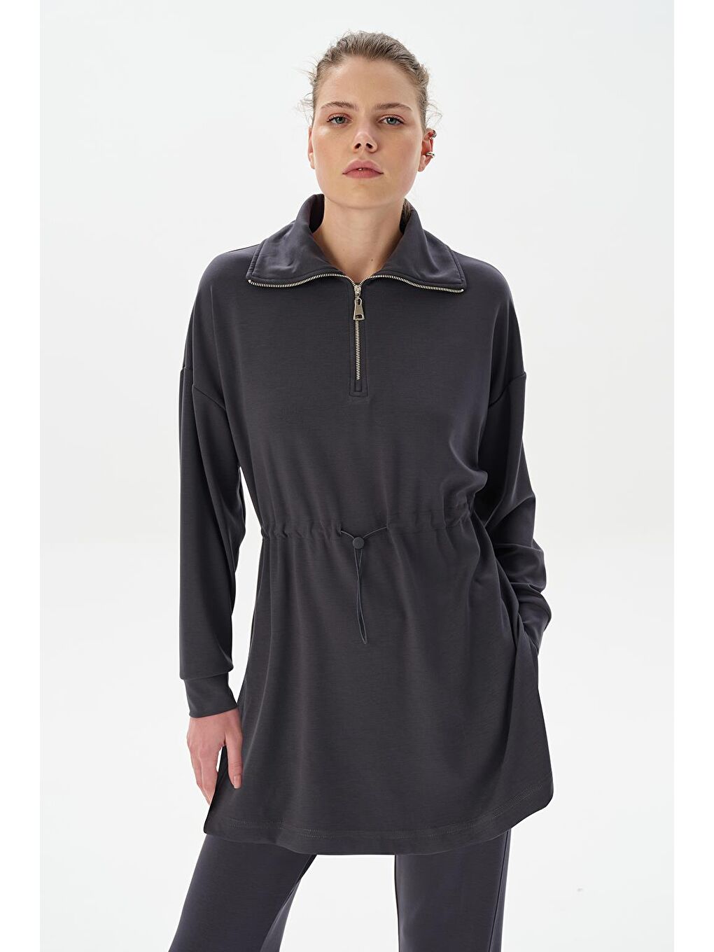 Gri Modal Örme Fermuarlı Sweatshirt Füme