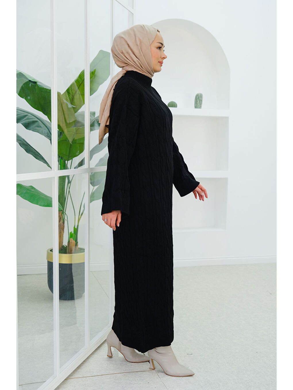 Saç Örgü Detay Triko Elbise Siyah-3