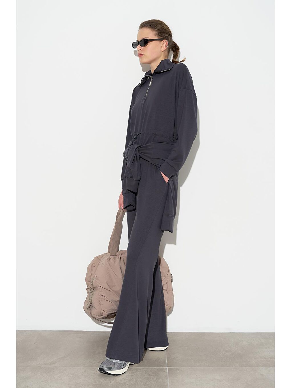 Gri Modal Örme Fermuarlı Sweatshirt Füme-1