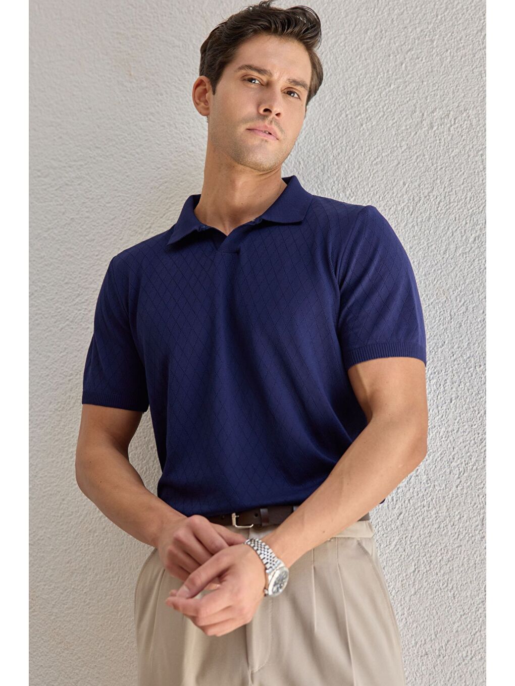Lacivert Onor Erkek Kendinden Desenli Polo Yaka Triko Tişört Geniş Kalıp Hafif Doku-7