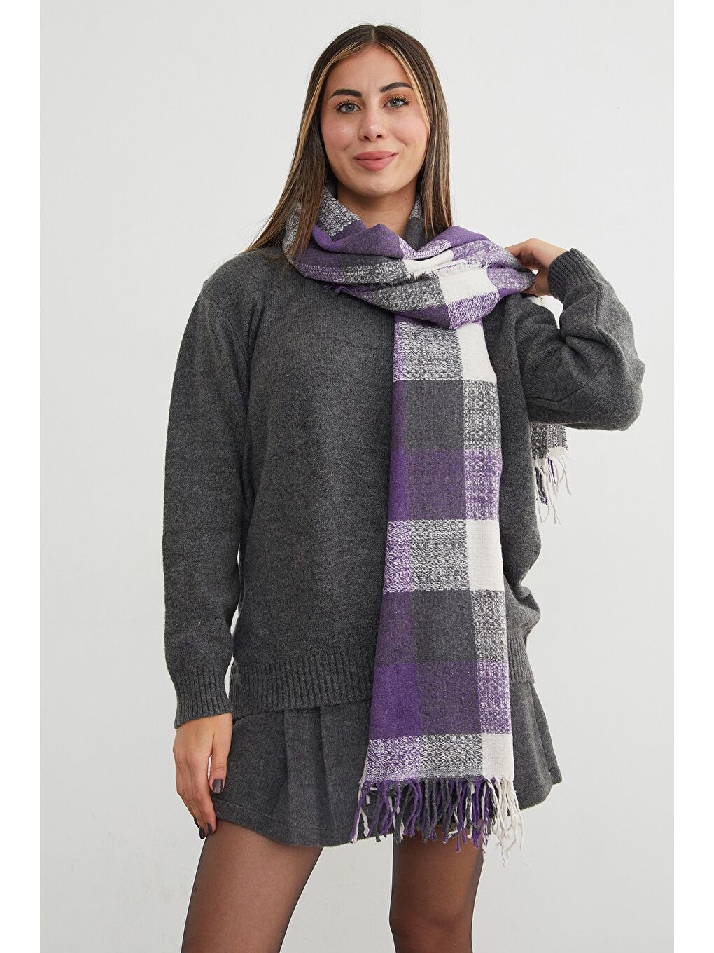 Mor Ekose Desenli Yumuşak Dokulu Şal-3