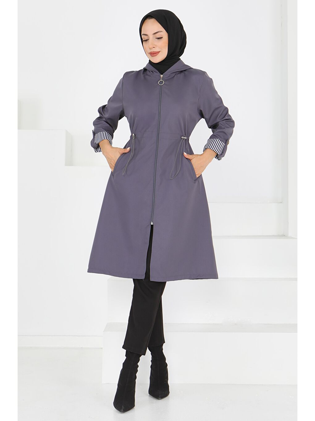 Gri Belde Lastik Detaylı Fermuarlı Miranda Trençkot Füme - 27624