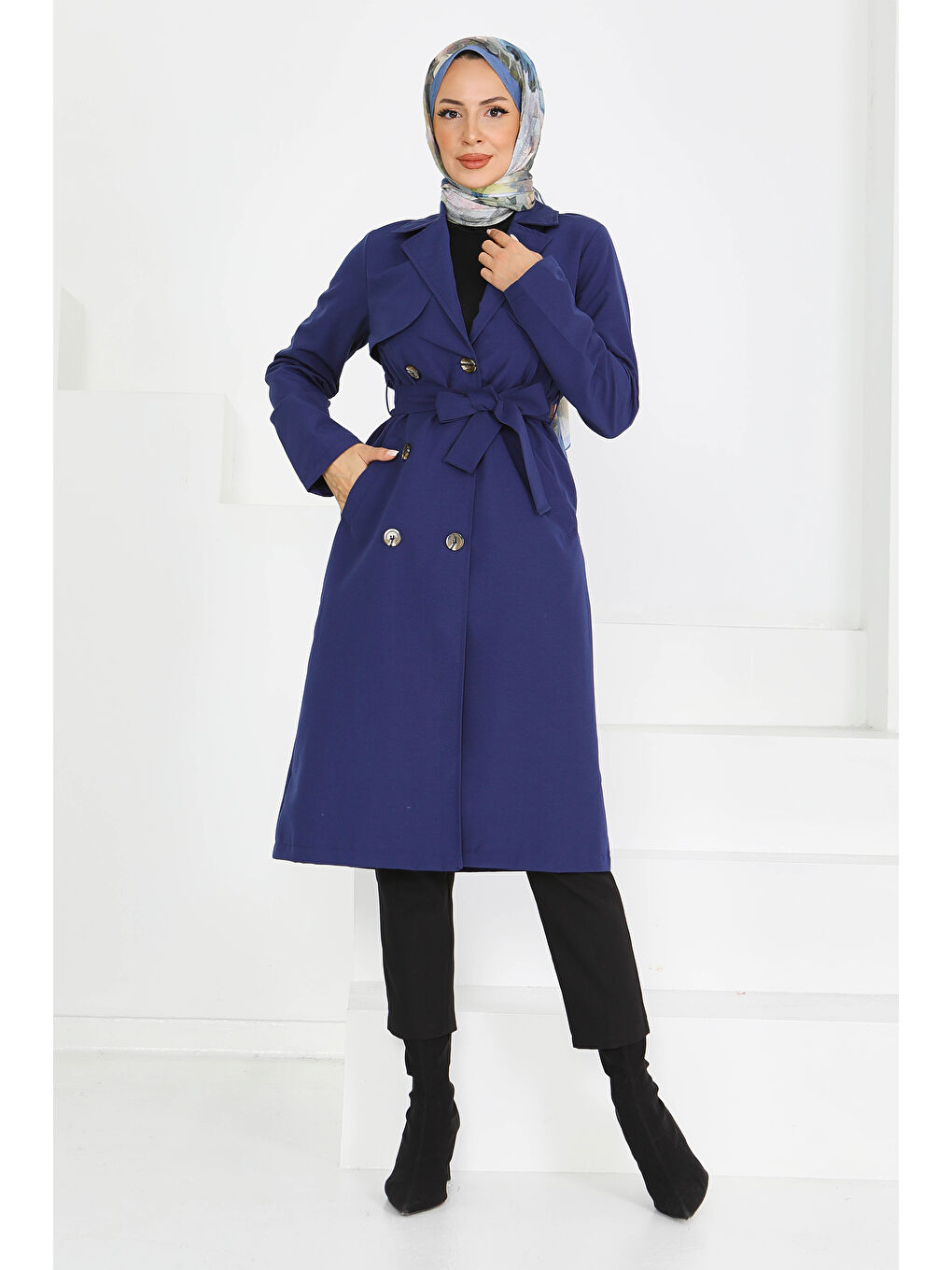 Düğmeli Kuşaklı Miranda Trençkot Lacivert - 27605-3