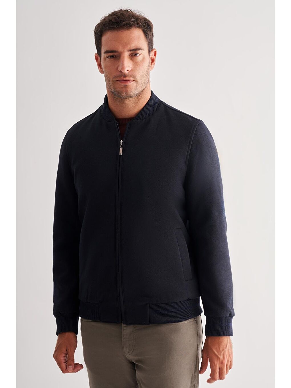 Koyu Lacivert Kaşe Kolej Yaka Düz Yırtmaçsız Tam Astar Comfort Fit Classic Mont 1007245159-2