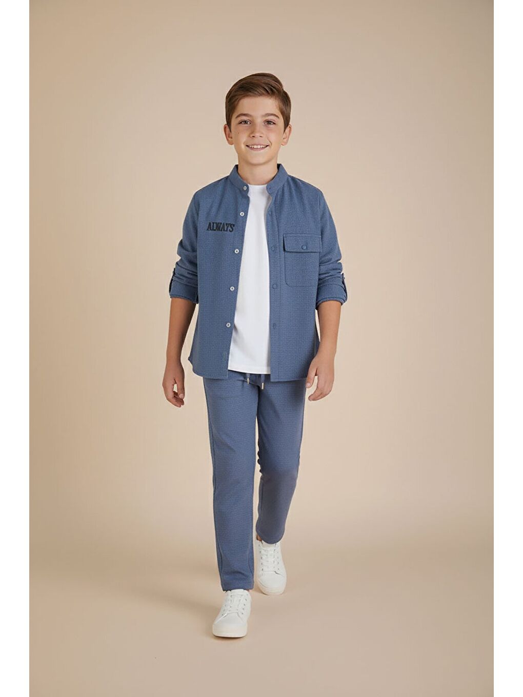 Mavi Keten Gömlekli Pantolonlu Erkek Çocuk 3lü Alt Üst Takım 23572-1