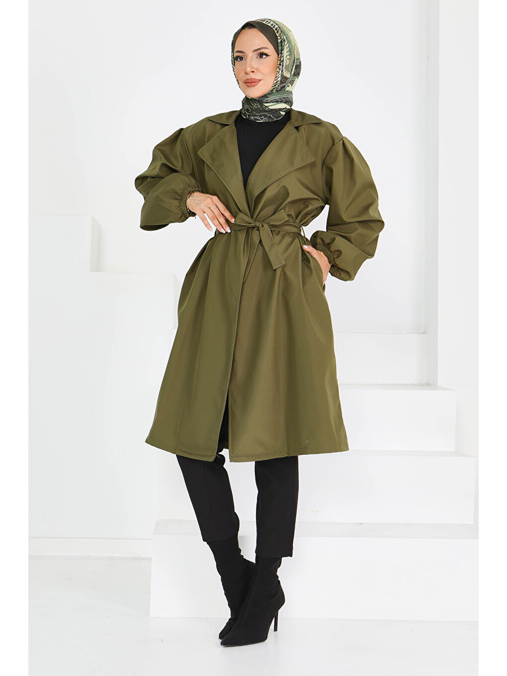 Kuşaklı Kolu Lastikli Miranda Trençkot Haki - 27603-2