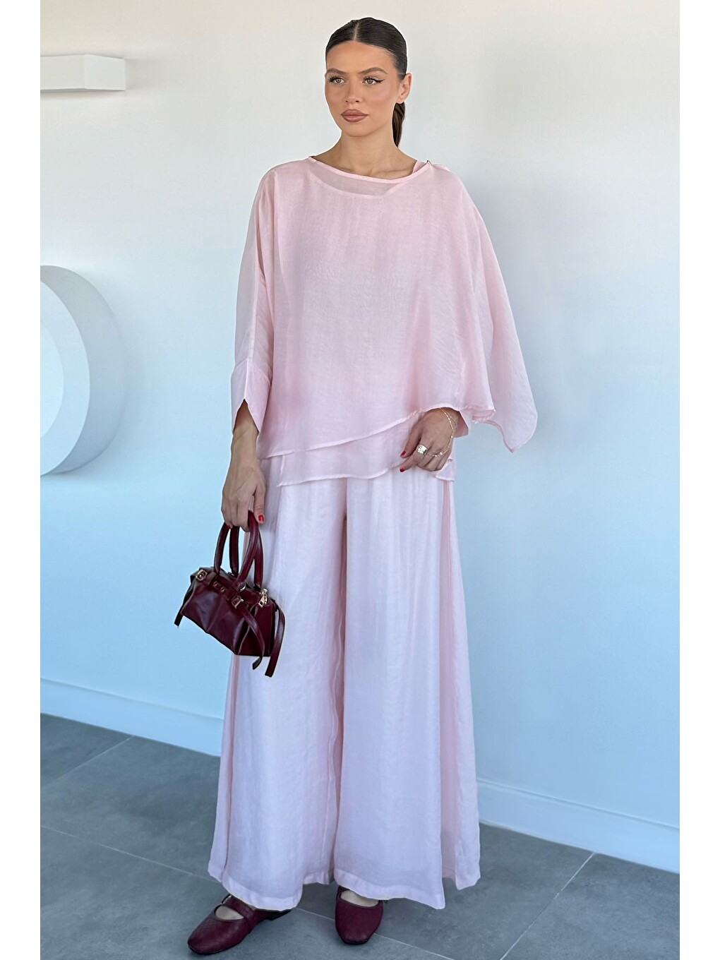 Pembe Kadın Transparan Bluz Pantolon İkili Takım
