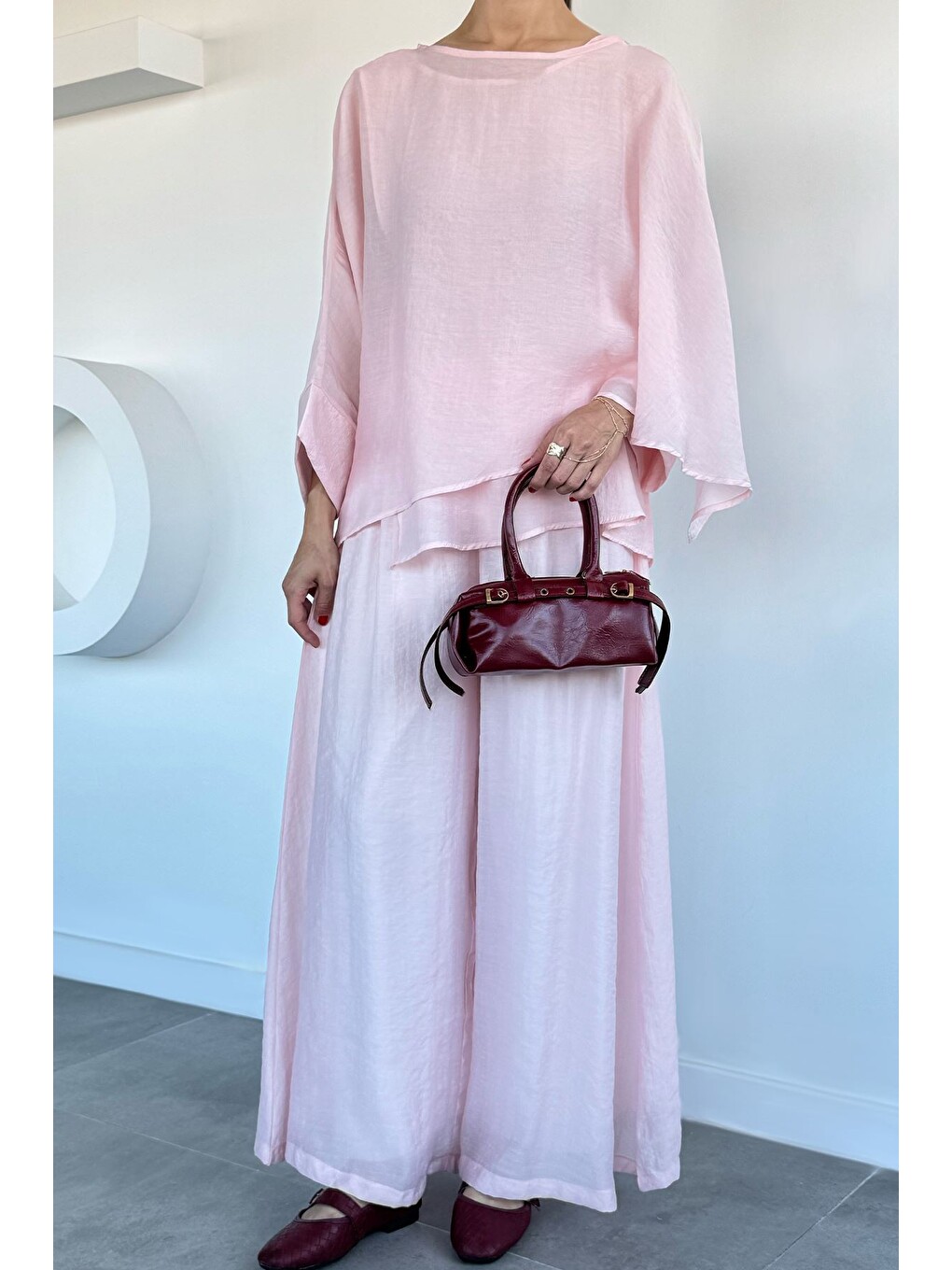 Pembe Kadın Transparan Bluz Pantolon İkili Takım-1
