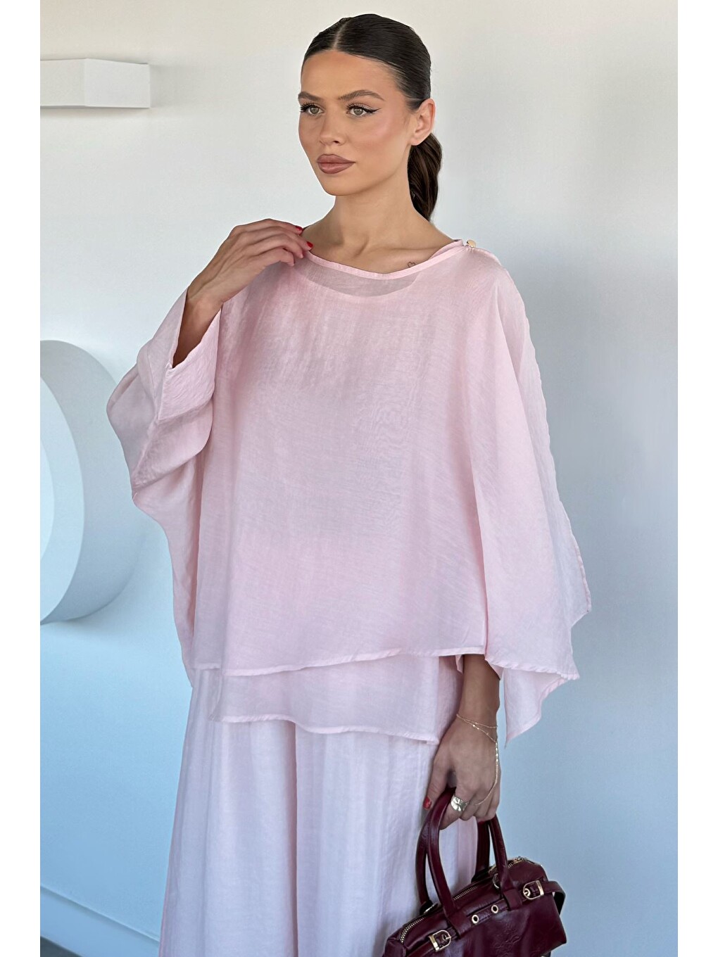 Pembe Kadın Transparan Bluz Pantolon İkili Takım-2