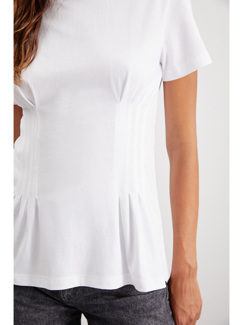 Beyaz JESSIA Kadın Korse Detaylı %100 Organik Pamuk Bisiklet Yaka BEYAZ T-Shirt-3