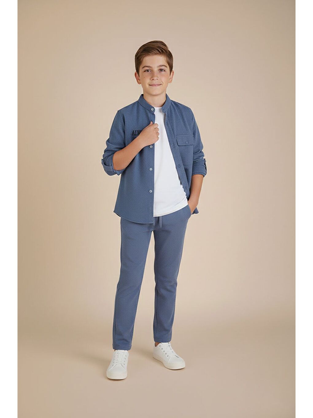Mavi Keten Gömlekli Pantolonlu Erkek Çocuk 3lü Alt Üst Takım 23572-2