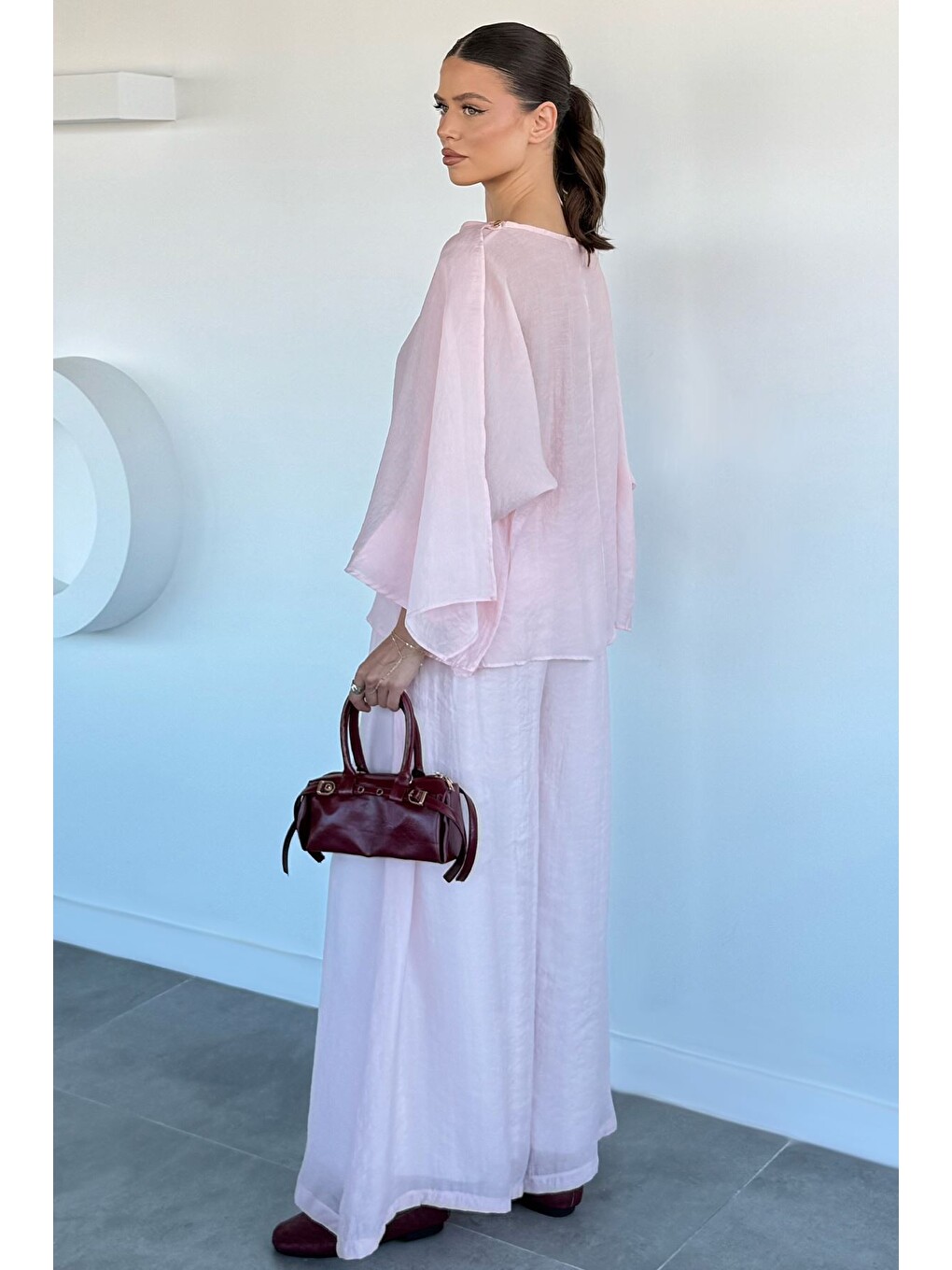 Pembe Kadın Transparan Bluz Pantolon İkili Takım-3
