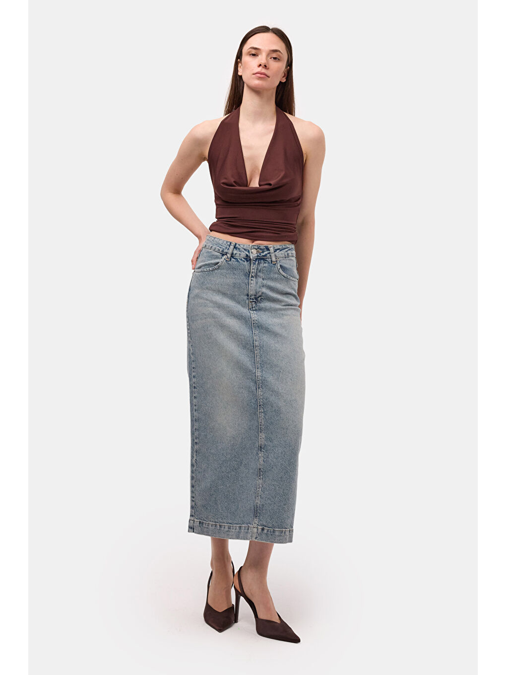 Mavi Kadın Jean Renk 4s6-32 Maxi Komfort Kumaş Arkadan Yırtmaçlı Denim Etek-5
