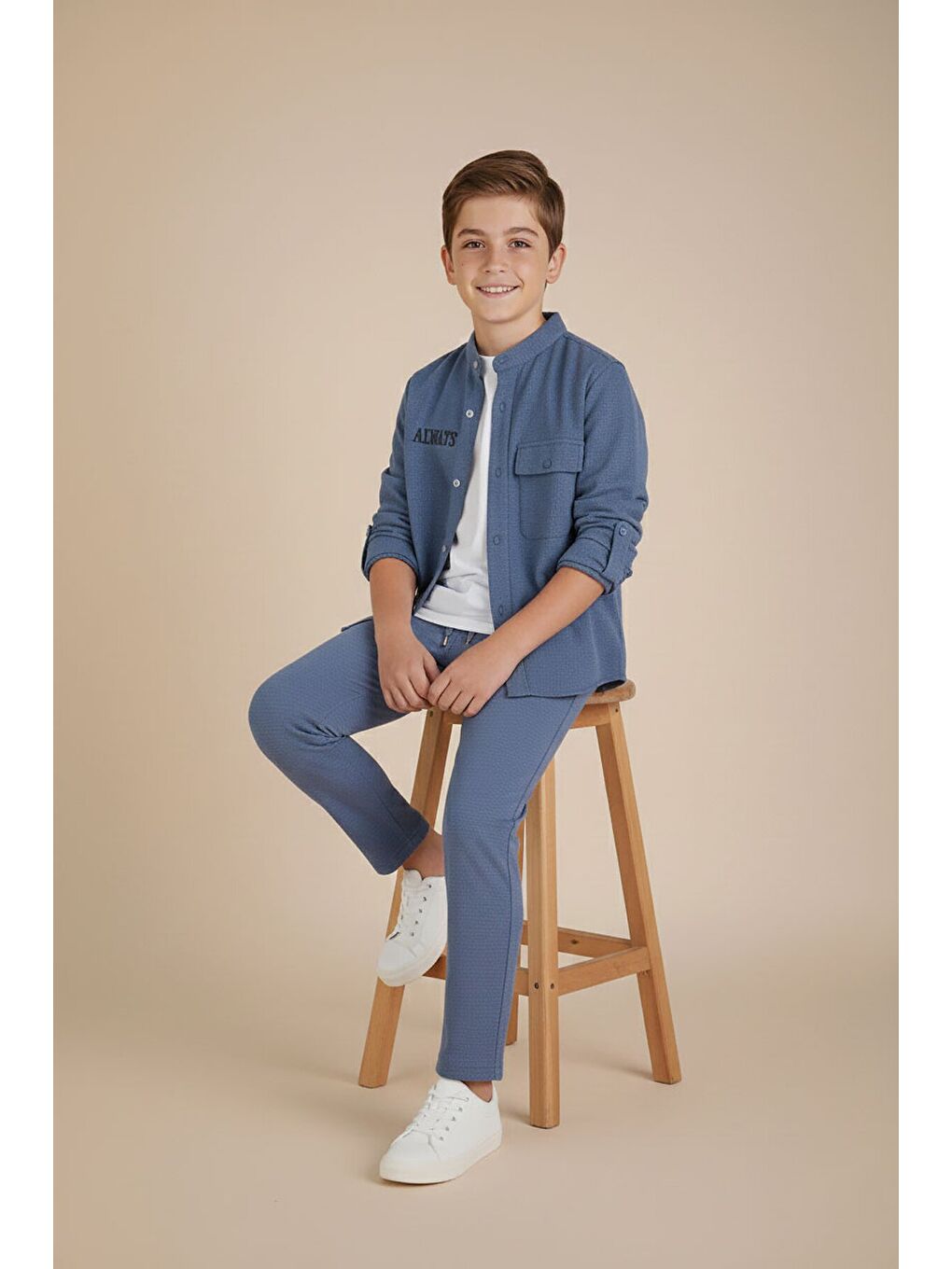 Mavi Keten Gömlekli Pantolonlu Erkek Çocuk 3lü Alt Üst Takım 23572-3