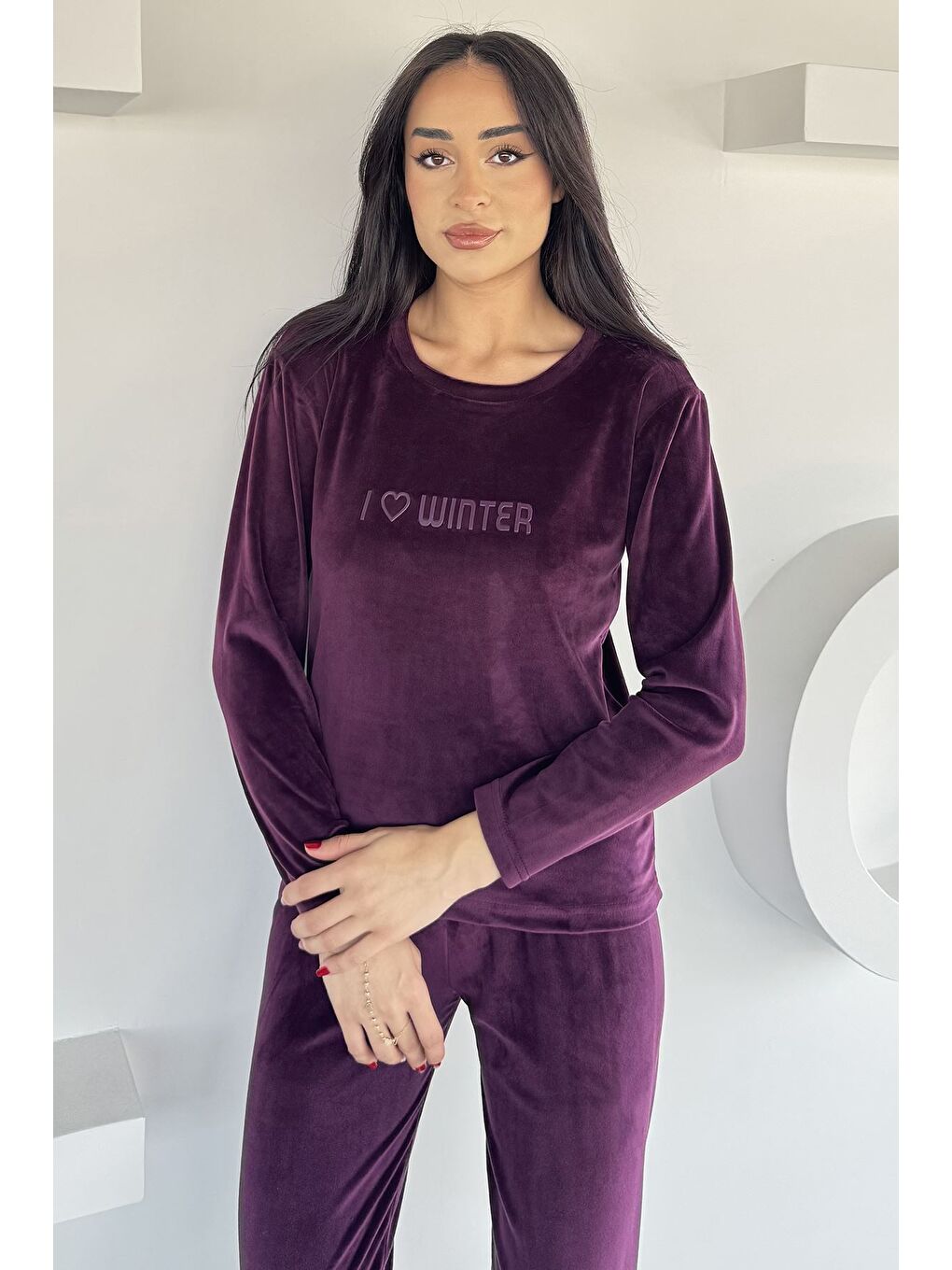 Mürdüm Kadın Kadife Sweat Pantolon İkili Takım-2