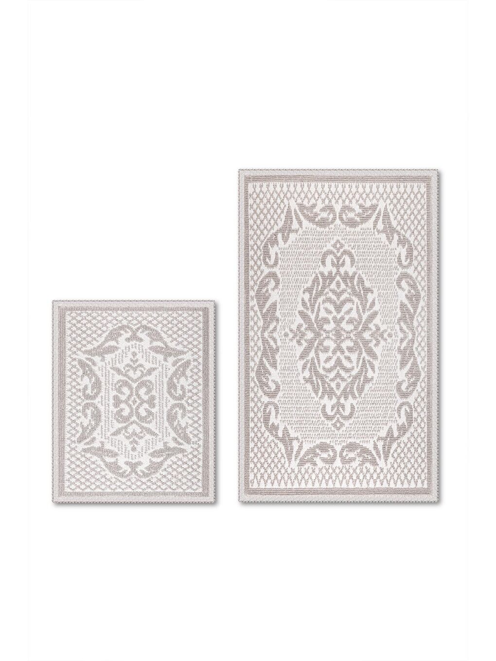 Bej Raya Damask Doğal Pamuklu 2'li Banyo Paspas Seti 60x100 50x60 cm Taş