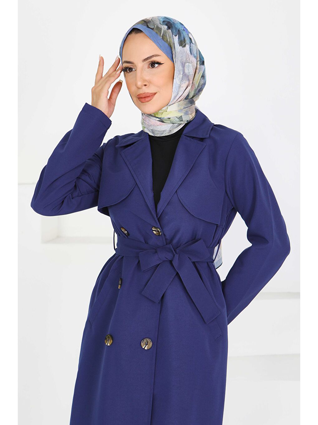 Düğmeli Kuşaklı Miranda Trençkot Lacivert - 27605-4