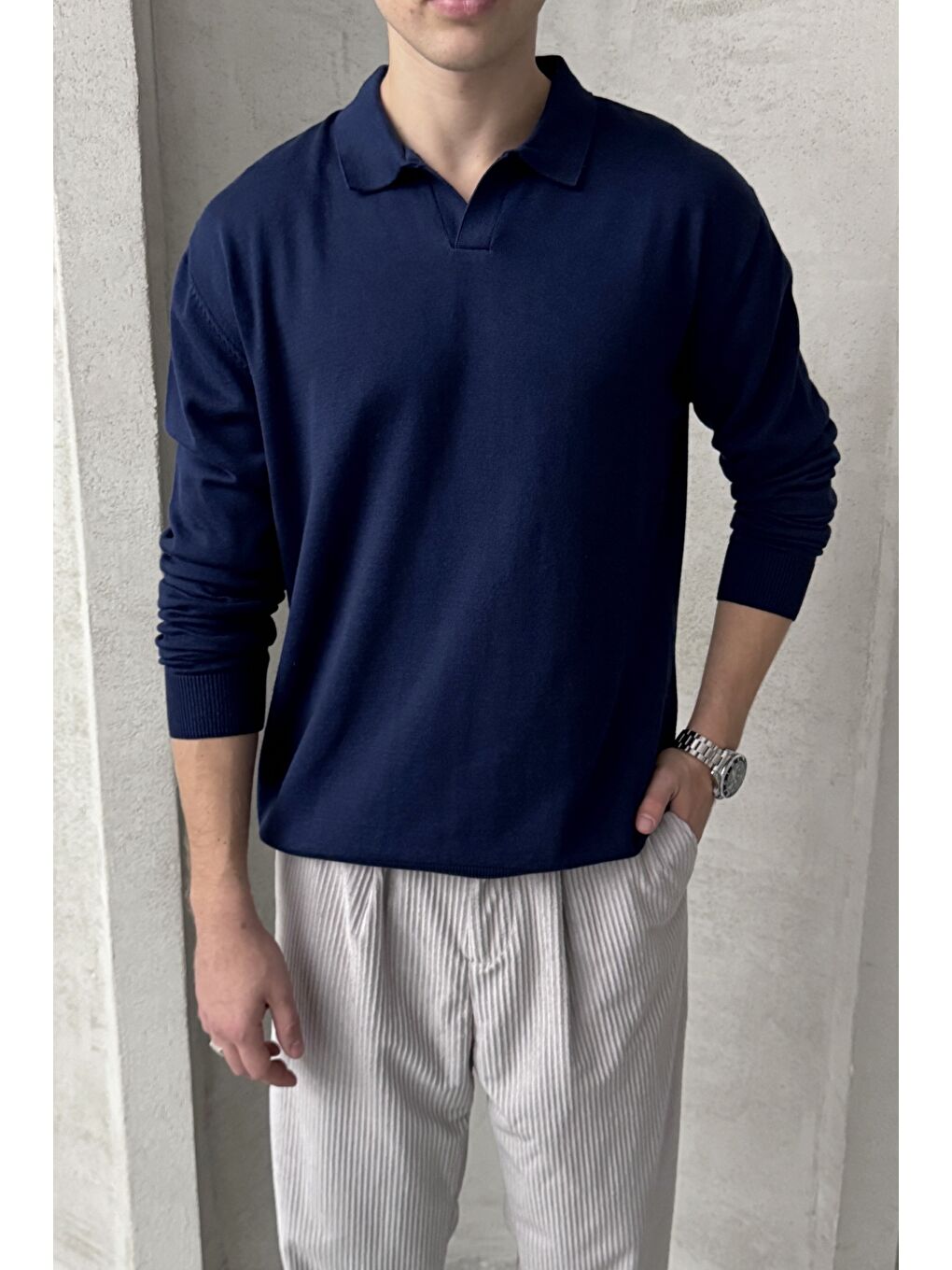 Lacivert Erkek Pamuklu Polo Yaka Oversize Triko Kazak