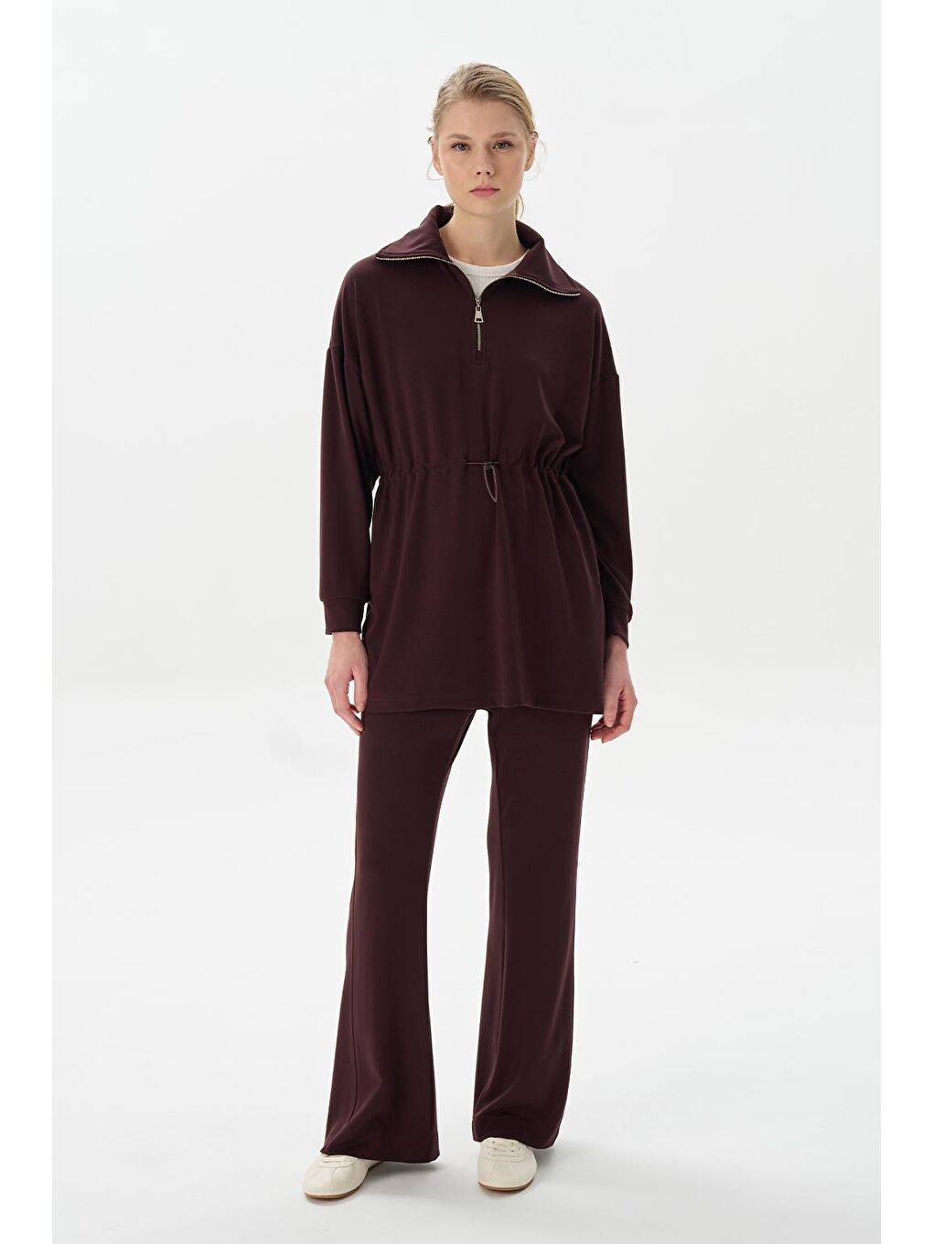 Kahverengi Modal Örme Fermuarlı Sweatshirt Kahve