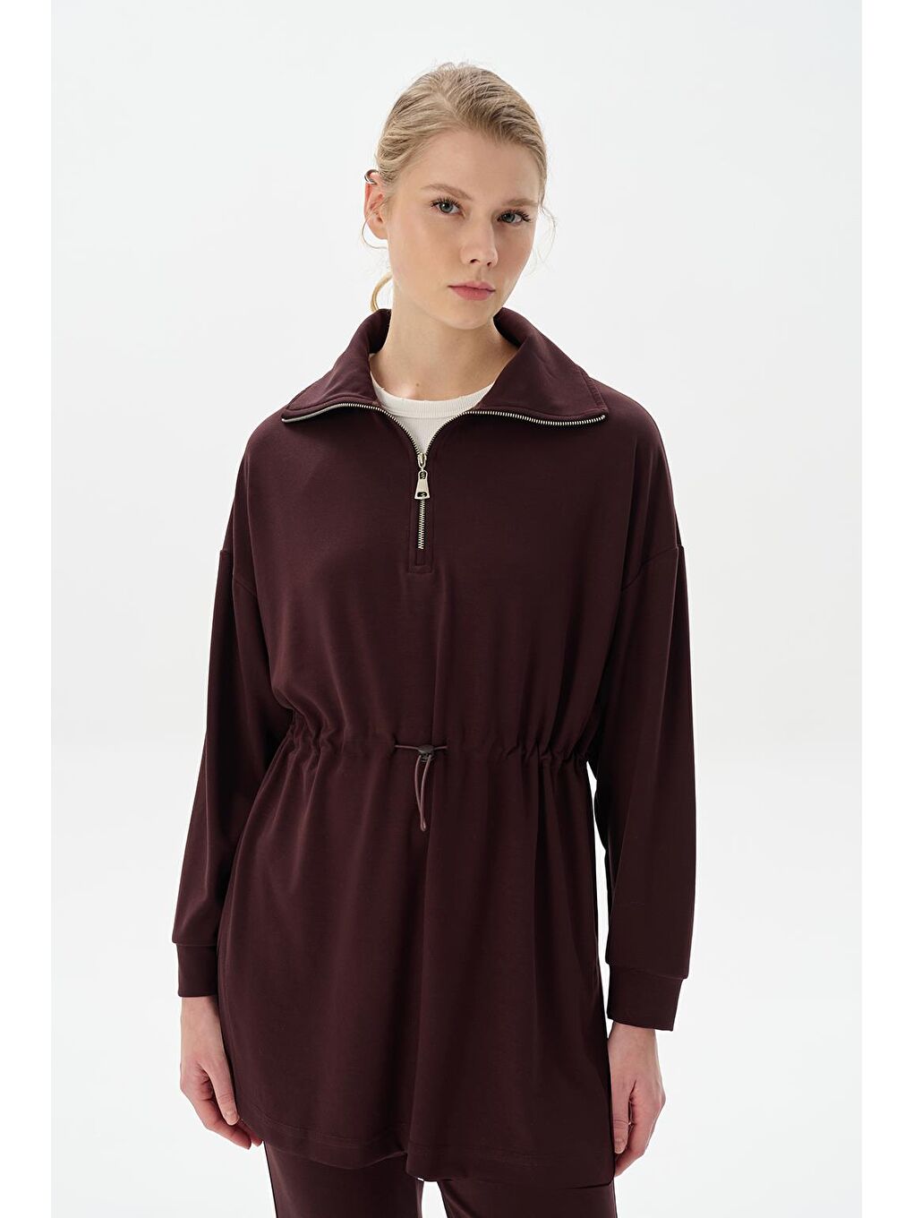 Kahverengi Modal Örme Fermuarlı Sweatshirt Kahve-1