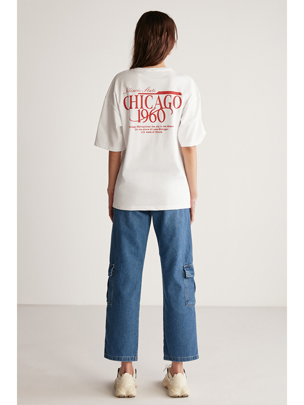 Beyaz JANNA Kadın Şehir Temalı Ön Ve Arka Baskı Detaylı Oversize Fit Bisiklet Yaka BEYAZ-KIRMIZI T-Shirt-5