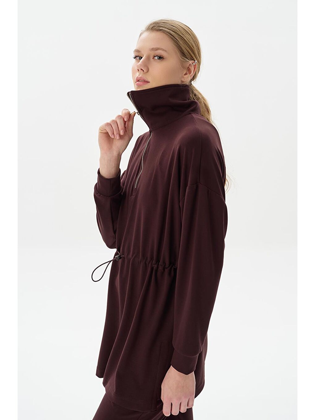 Kahverengi Modal Örme Fermuarlı Sweatshirt Kahve-2