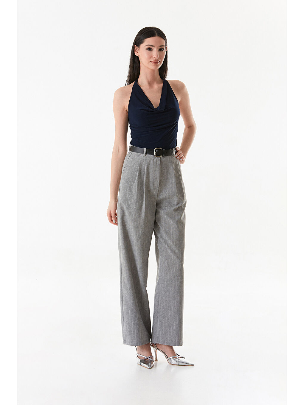 Gri Beli Kemerli Çizgili Palazzo Pantolon-3