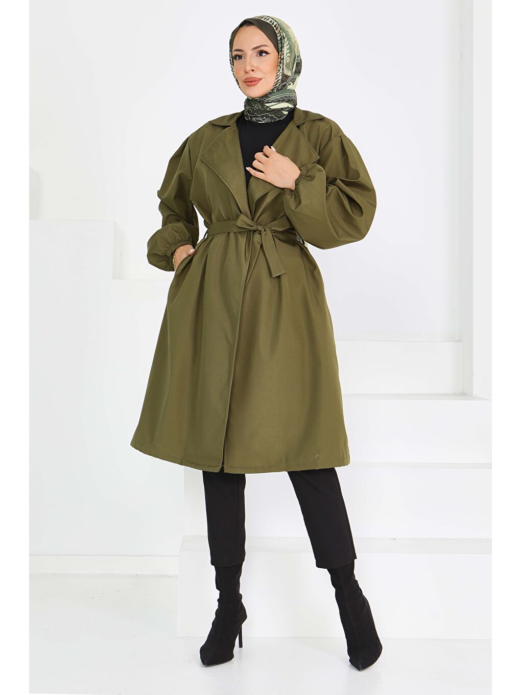 Kuşaklı Kolu Lastikli Miranda Trençkot Haki - 27603-3