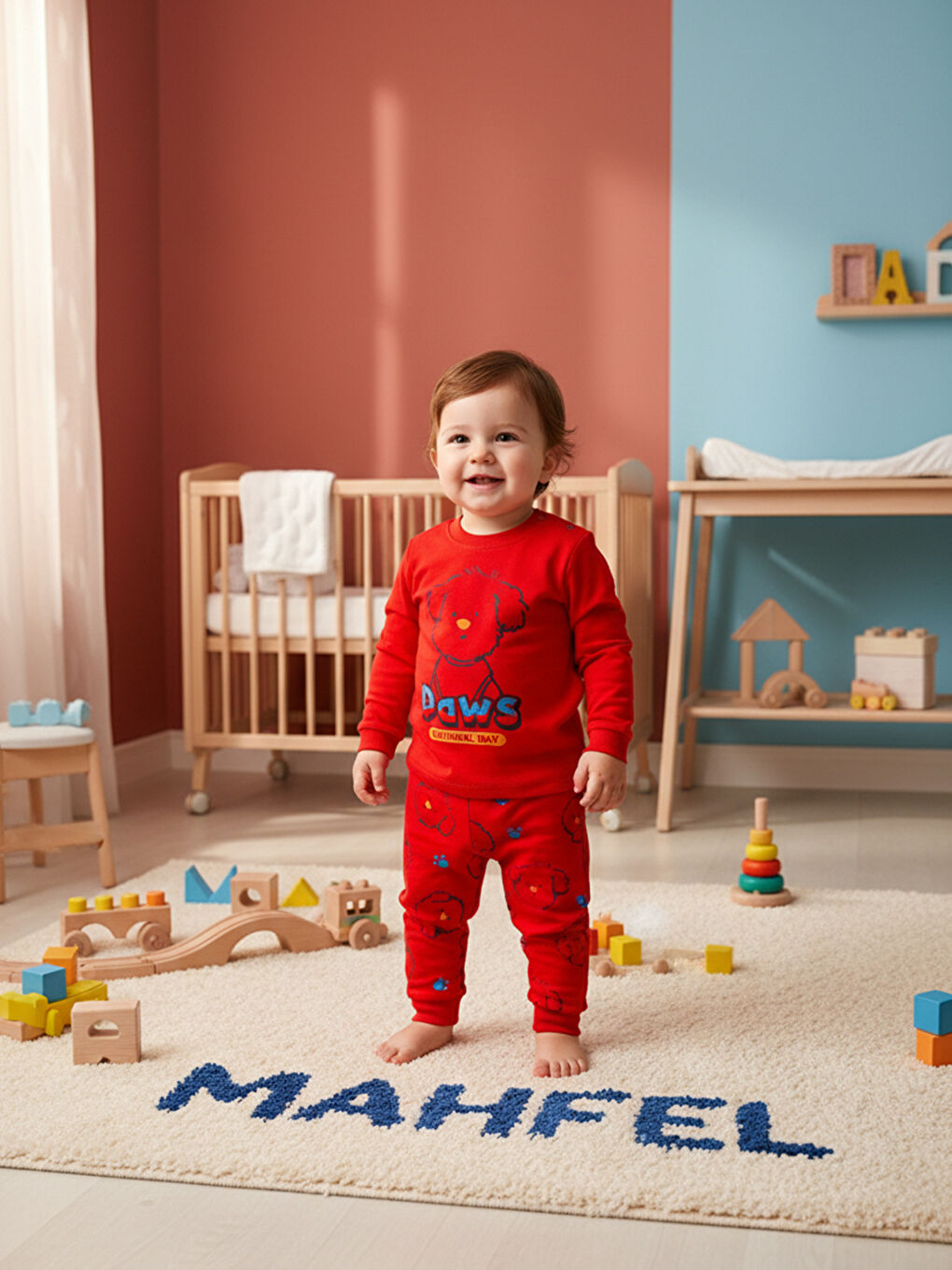 %100 Pamuklu Kırmızı Köpekli Çocuk Pijama Takımı 1-6 Yaş-1