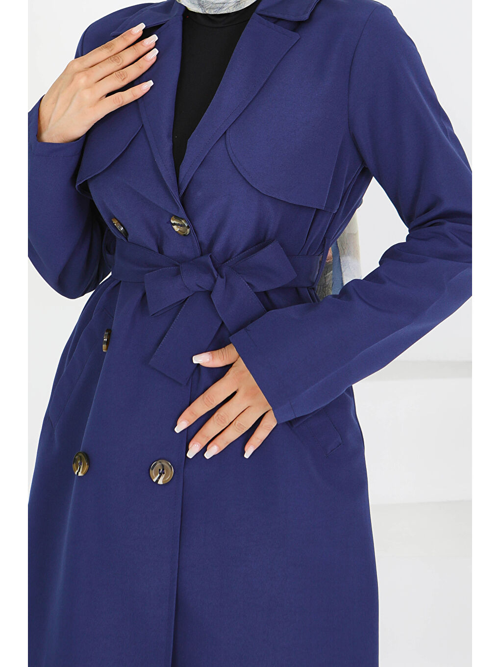 Düğmeli Kuşaklı Miranda Trençkot Lacivert - 27605-5