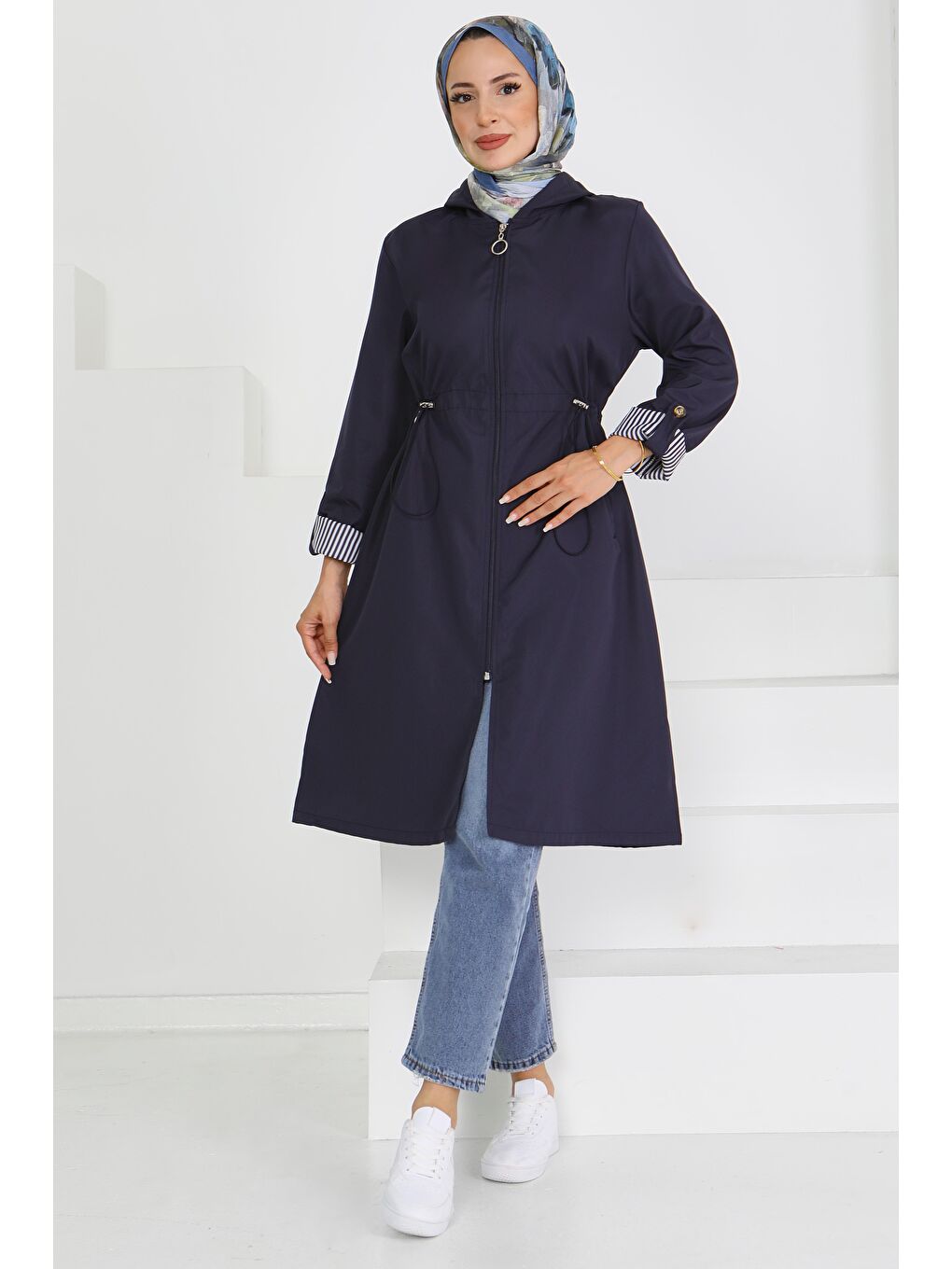 Belde Lastik Detaylı Fermuarlı Miranda Trençkot Lacivert - 27624