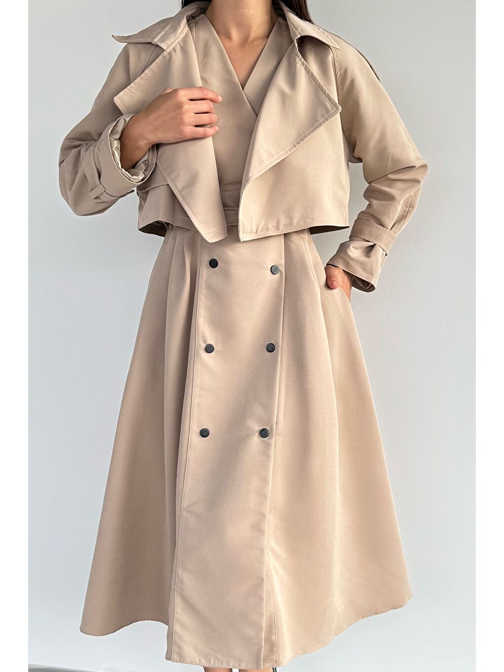 Bej Kadın Trenç Kumaş Ceket Elbise İkili Takım