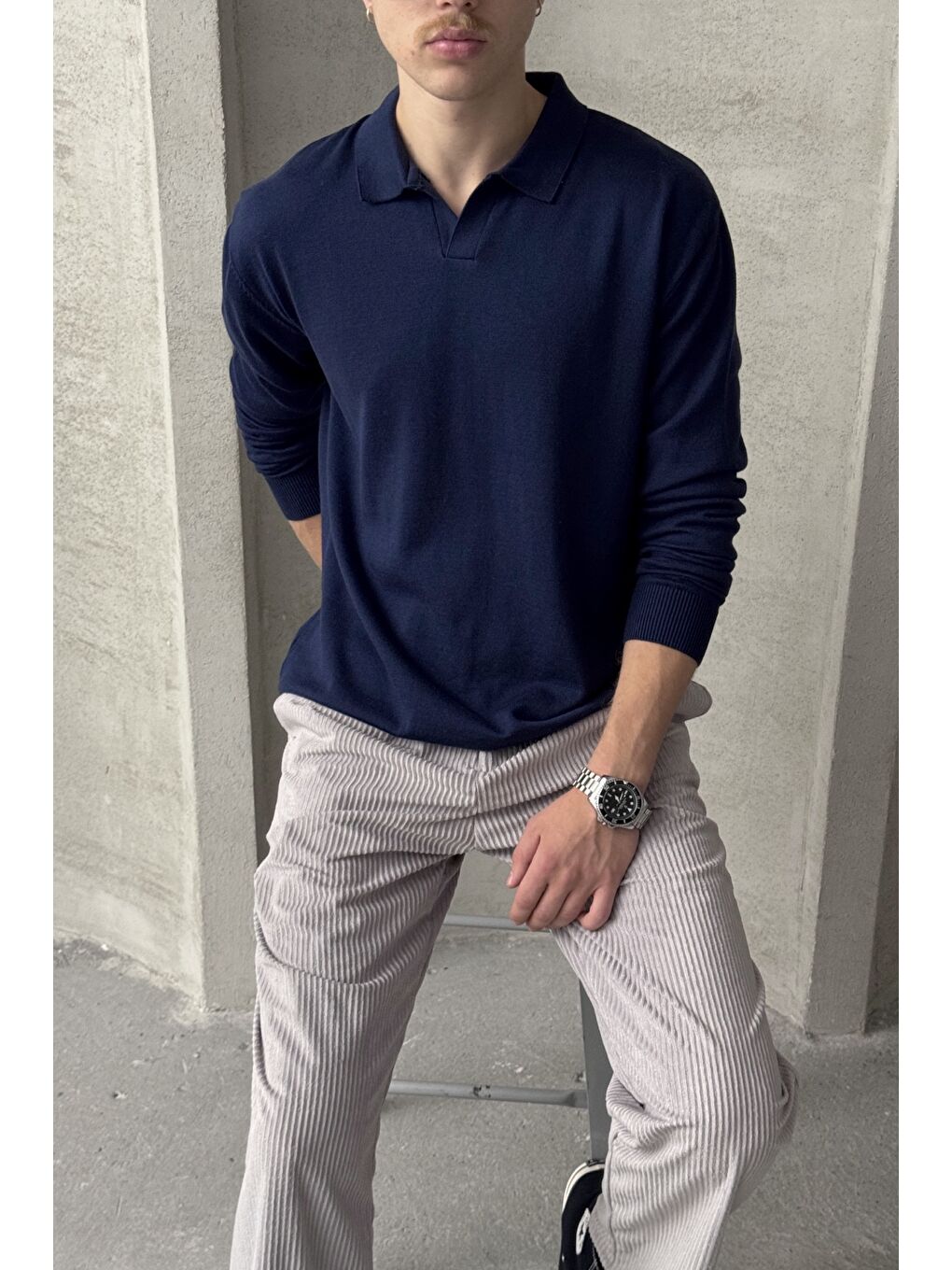 Lacivert Erkek Pamuklu Polo Yaka Oversize Triko Kazak-1