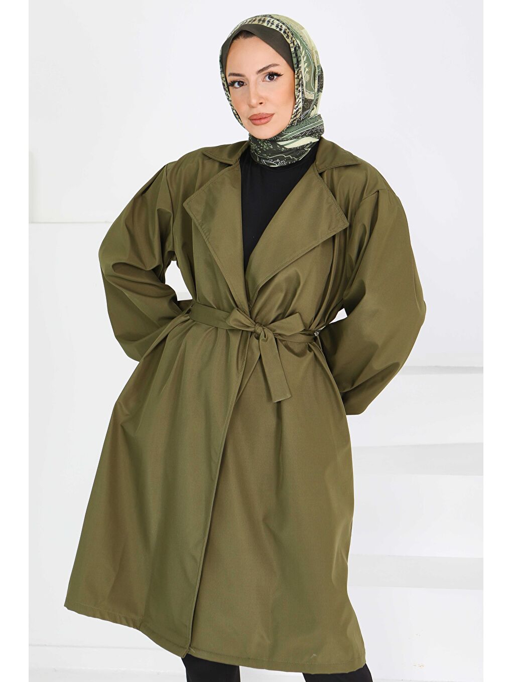 Kuşaklı Kolu Lastikli Miranda Trençkot Haki - 27603-4
